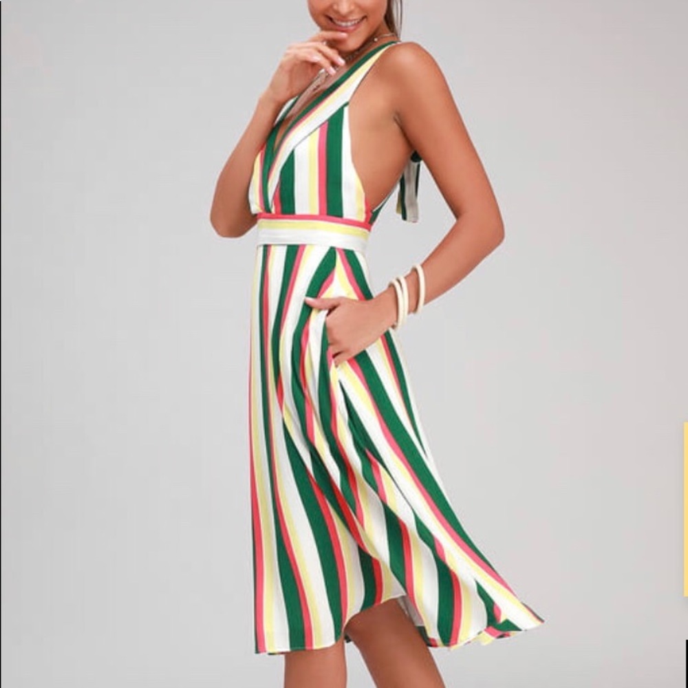 NWT WHITE AND GREEN MULTI STRIPE HALTER MIDI DRESS